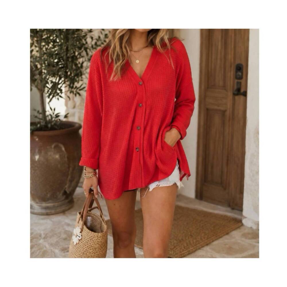 NEW LA MIEL soft waffle knit oversized cardigan in coral pink